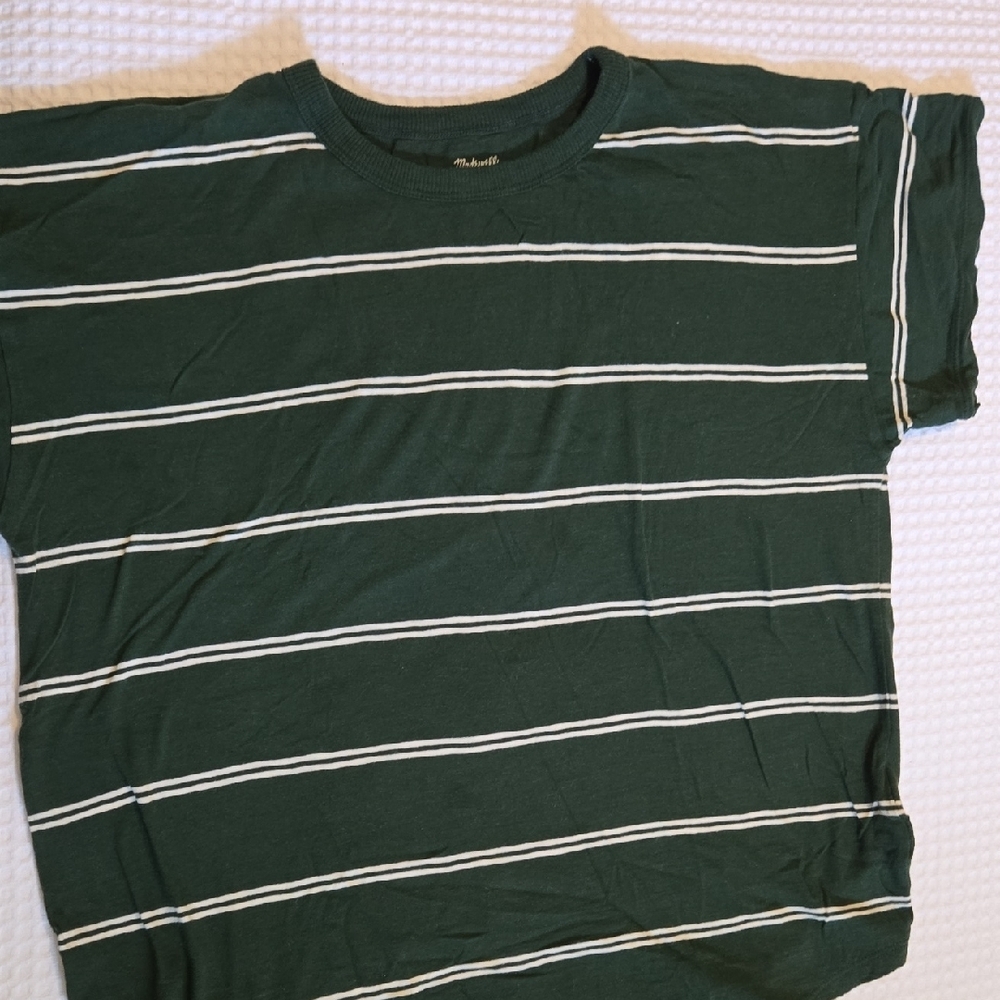 Madewell Green and White Striped Short Sleeve Tee